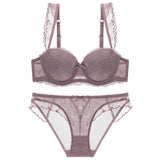 Breast Gather 3/4 Cup padding Bras Underwear women Straps Summer push-up bras with see-Through Panty Bra Set For Young Girls